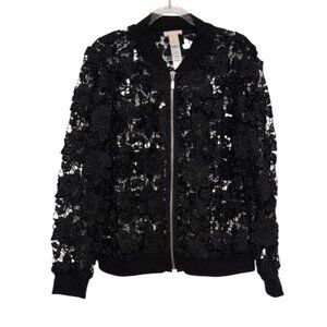 Chicos 1 Floral Lace Bomber Jacket Womens Size Medium Black Full Zip Layering